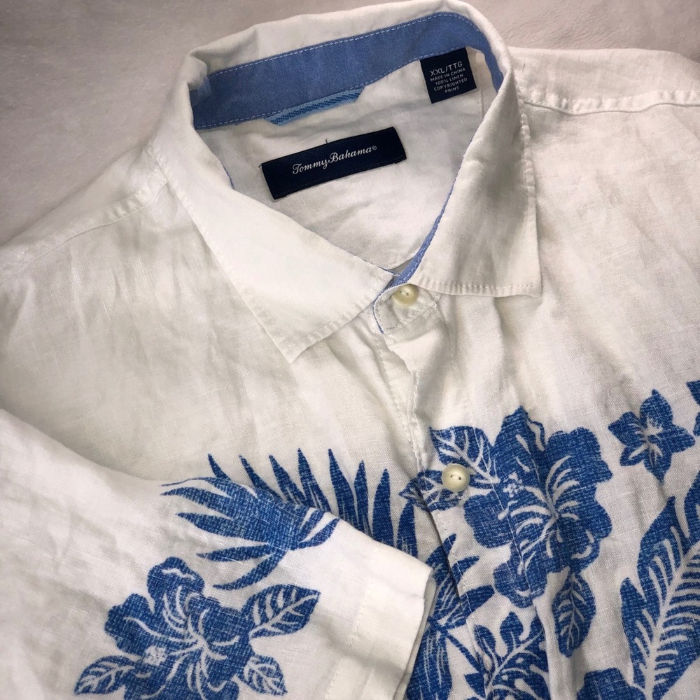 Tommy Bahama Reverse Print Linen Men XXL Button Shirt White Blue Floral Hawaiian - Picture 7 of 16